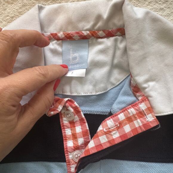 Bella Bliss Fritz Navy Blue Light Blue Rugby Long Sleeve Gingham Size 7 - Picture 4 of 6